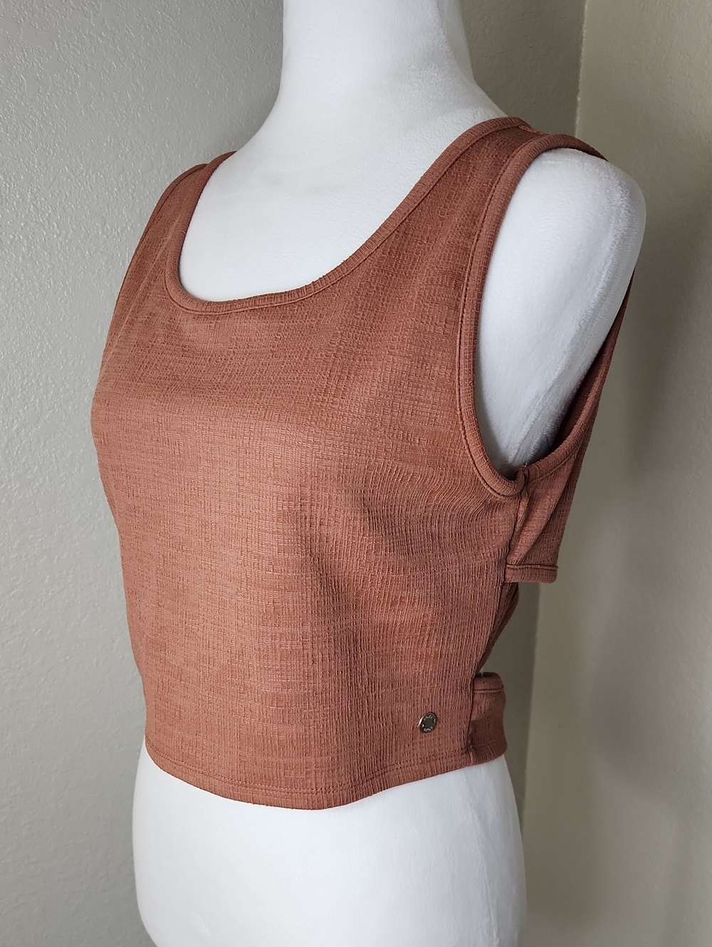 Roxy Ribbed Crop Tank Top - Rust Brown Open Back